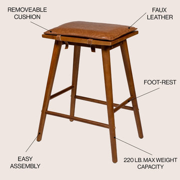Peroni MidCentury Classic Saddle-Seat Solid Wood/Vegan Leather Backless Bar Stool with Removeable Cushion